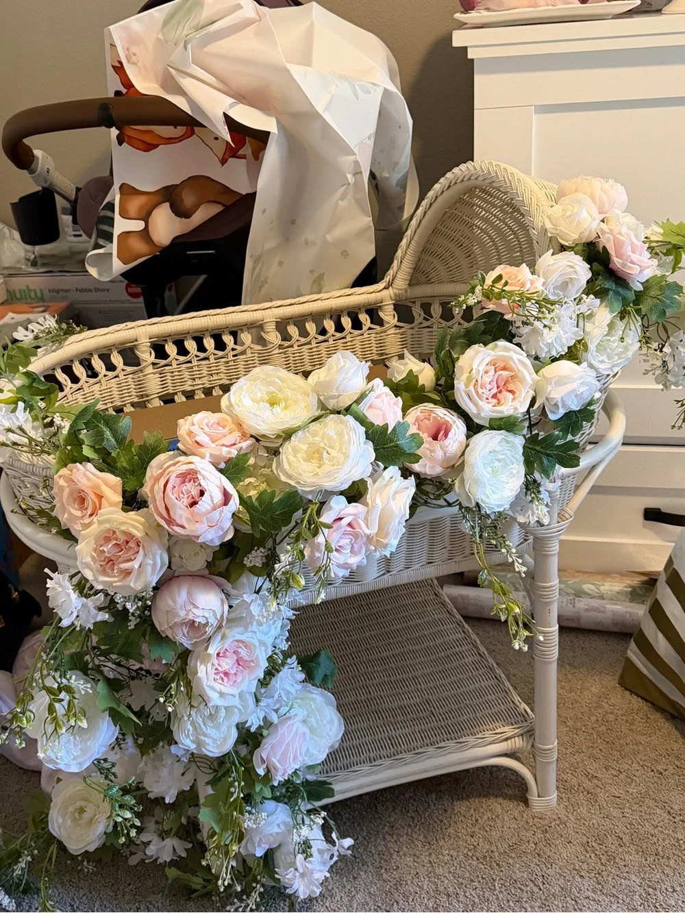 baby shower bassinet Pink Floral Garland arrangement faux florals